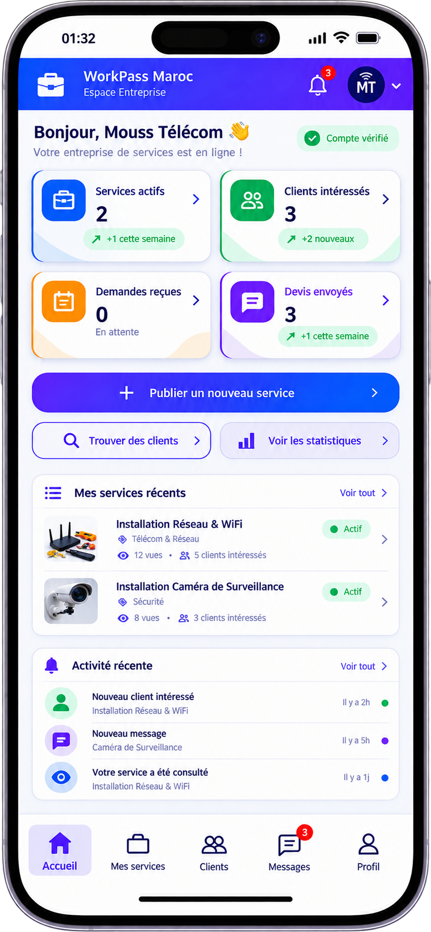 Tableau de bord Espace Entreprise WorkPass Maroc