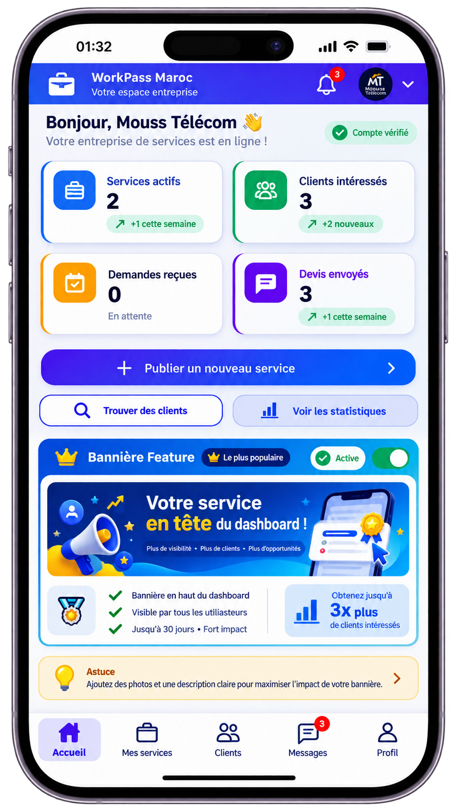 Publier un service sur l'application WorkPass Maroc